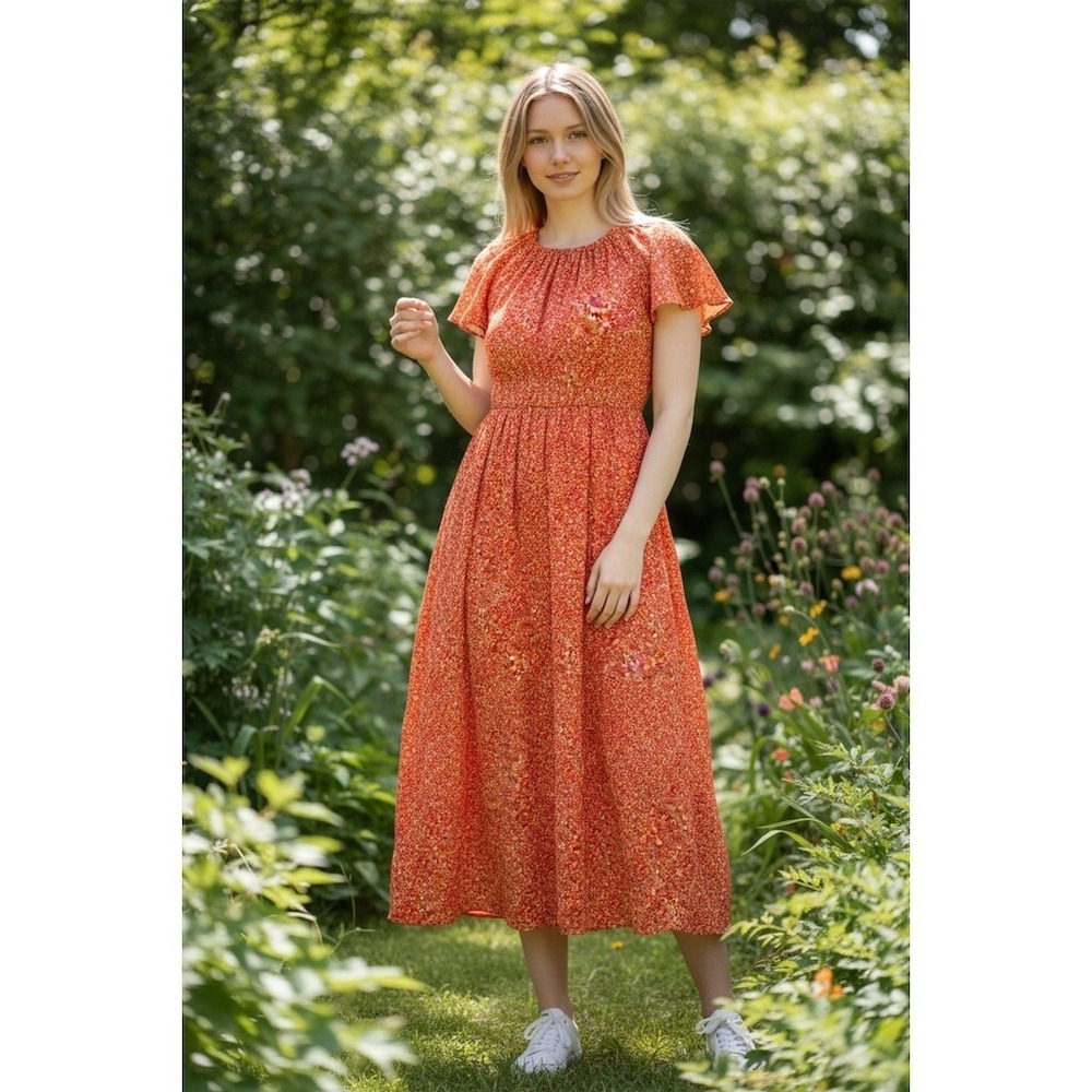 Dee Elly Dress Women XS Orange Floral Midi Boho Flutter Sleeve Smocked open back